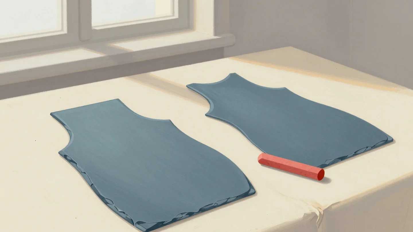 Gouache painting of a pattern piece and its freshly cut copy on a sewing table with a stick of vermilion chalk
