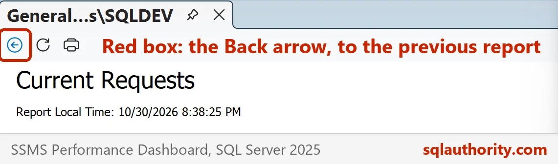 Toolbar of a Performance Dashboard report in SSMS, above the Current Requests title, with a red box around the Back arrow