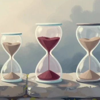 Gouache painting of three differently shaped hourglasses on a stone garden wall, the middle one with red sand
