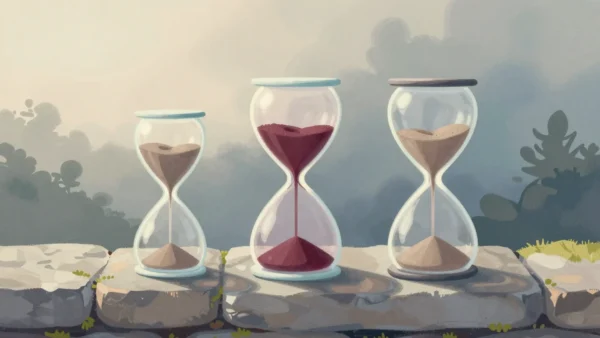 Gouache painting of three differently shaped hourglasses on a stone garden wall, the middle one with red sand