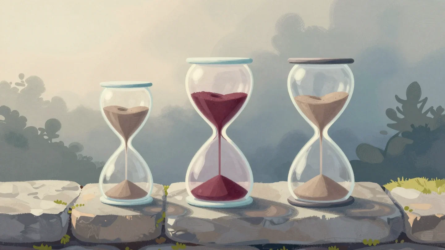 Gouache painting of three differently shaped hourglasses on a stone garden wall, the middle one with red sand