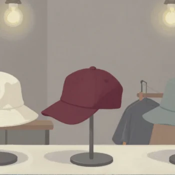 Gouache painting of three hats on stands with the chosen one painted vermilion