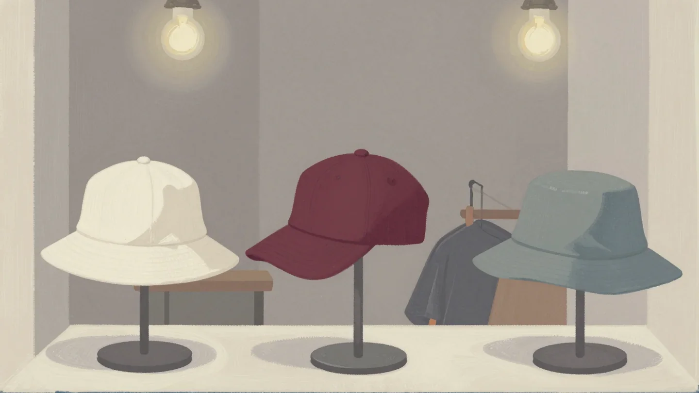 Gouache painting of three hats on stands with the chosen one painted vermilion