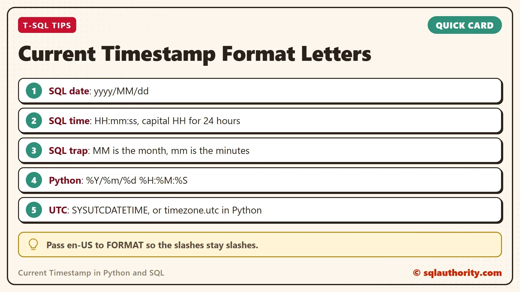 Quick card titled Current Timestamp Format Letters: SQL date: yyyy/MM/dd; SQL time: HH:mm:ss, capital HH for 24 hours; SQL trap: MM is the month, mm is the minutes; Python: %Y/%m/%d %H:%M:%S; UTC: SYSUTCDATETIME, or timezone.utc in Python. Tip: Pass en-US to FORMAT so the slashes stay slashes.
