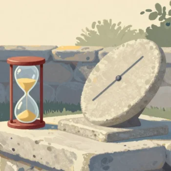 Gouache painting of a plain stone sundial next to a sand hourglass with a vermilion frame