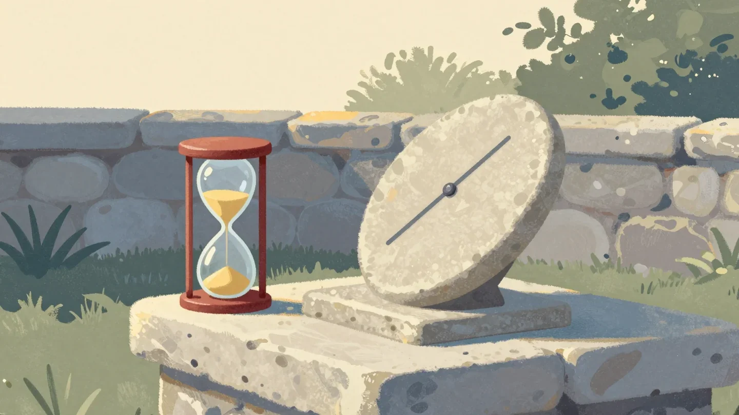 Gouache painting of a plain stone sundial next to a sand hourglass with a vermilion frame