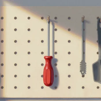 Gouache painting of a pegboard with a spoon, a vermilion-handled screwdriver, a brush, a scoop and a mallet hanging in a row