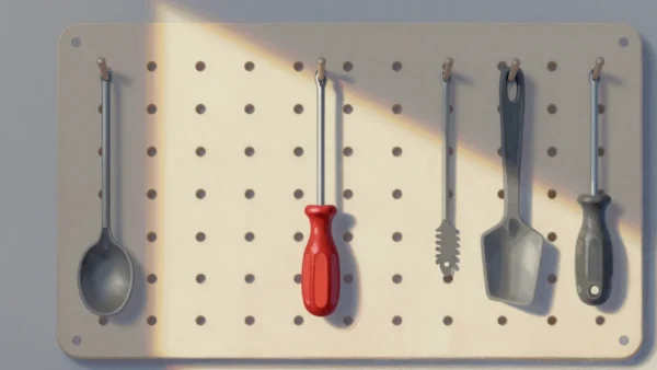 Gouache painting of a pegboard with a spoon, a vermilion-handled screwdriver, a brush, a scoop and a mallet hanging in a row