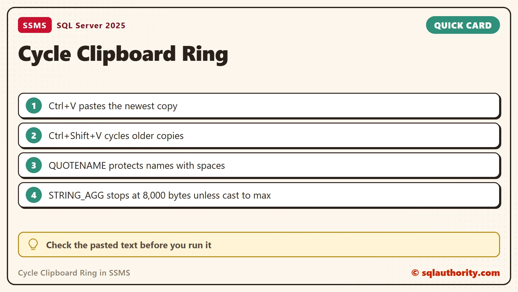 Quick reference card: Cycle Clipboard Ring in SSMS: SQL in Sixty Seconds #045