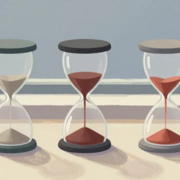 Gouache painting of three hourglasses side by side, the first with grey sand and the other two with vermilion sand