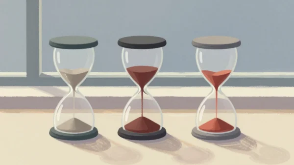 Gouache painting of three hourglasses side by side, the first with grey sand and the other two with vermilion sand