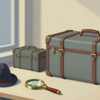 Gouache painting of a detective's hat and magnifying glass beside two trunks, the swollen one with a vermilion strap