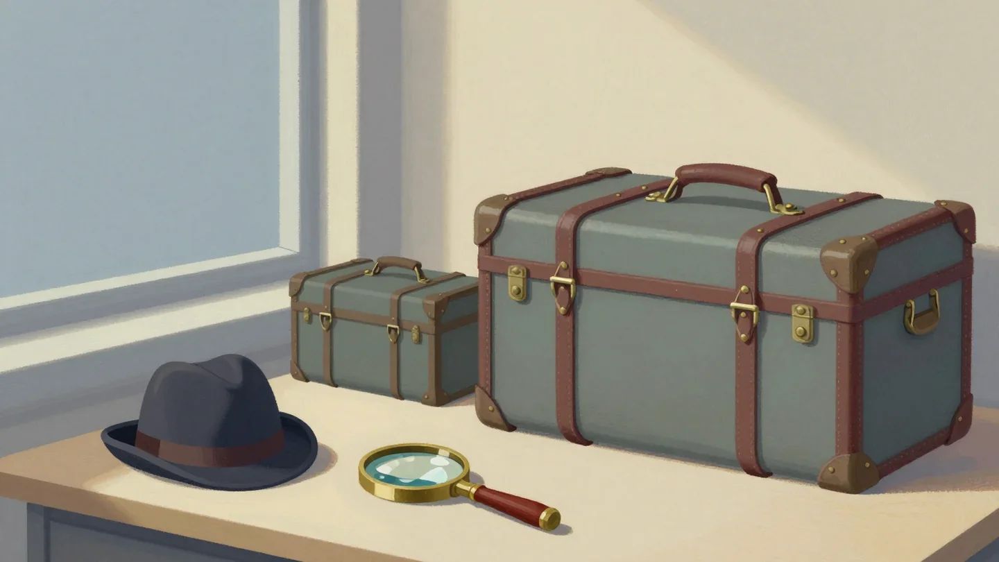 Gouache painting of a detective's hat and magnifying glass beside two trunks, the swollen one with a vermilion strap