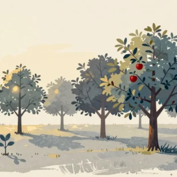 Gouache painting of a row of eight apple trees growing from sapling to tall tree with one red apple on the last