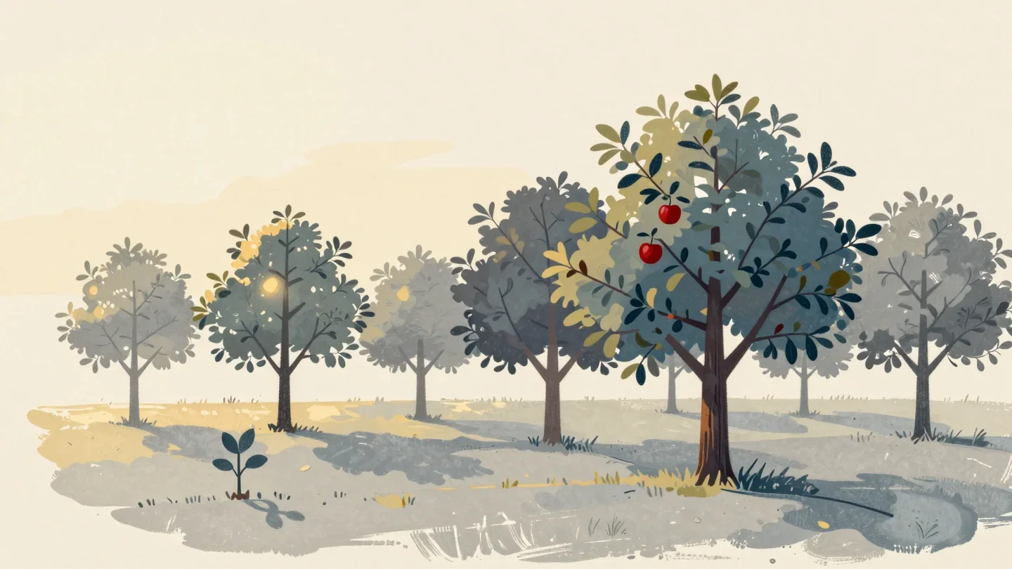 Gouache painting of a row of eight apple trees growing from sapling to tall tree with one red apple on the last