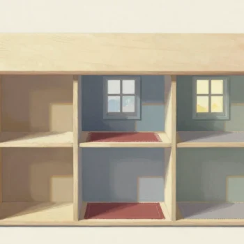 Gouache painting of an open wooden dollhouse with six rooms in cream, slate blue and sage, the middle column with vermilion rugs