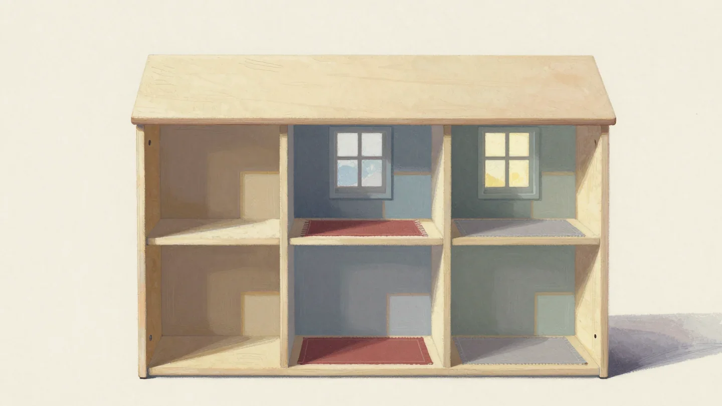 Gouache painting of an open wooden dollhouse with six rooms in cream, slate blue and sage, the middle column with vermilion rugs