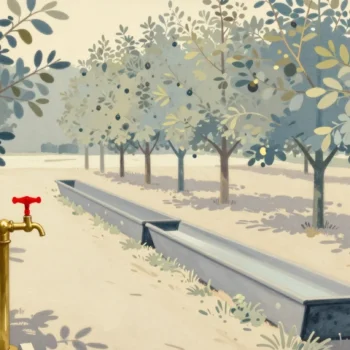 Gouache painting of a brass tap with a vermilion wheel feeding a trough that runs past a row of young apple trees