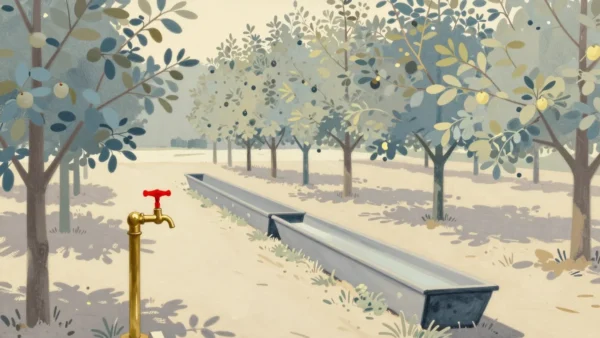 Gouache painting of a brass tap with a vermilion wheel feeding a trough that runs past a row of young apple trees