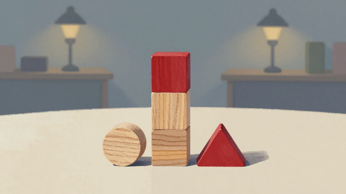 Gouache painting of a small tower of round, square and triangular wooden blocks topped with a vermilion block