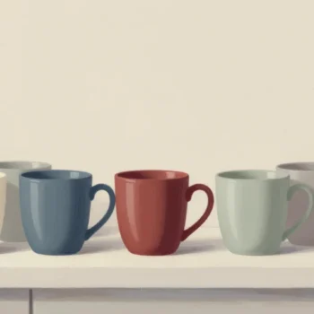 Gouache painting of six mugs in a row on a shelf in cream, slate blue, vermilion, sage and grey
