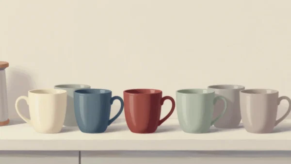 Gouache painting of six mugs in a row on a shelf in cream, slate blue, vermilion, sage and grey