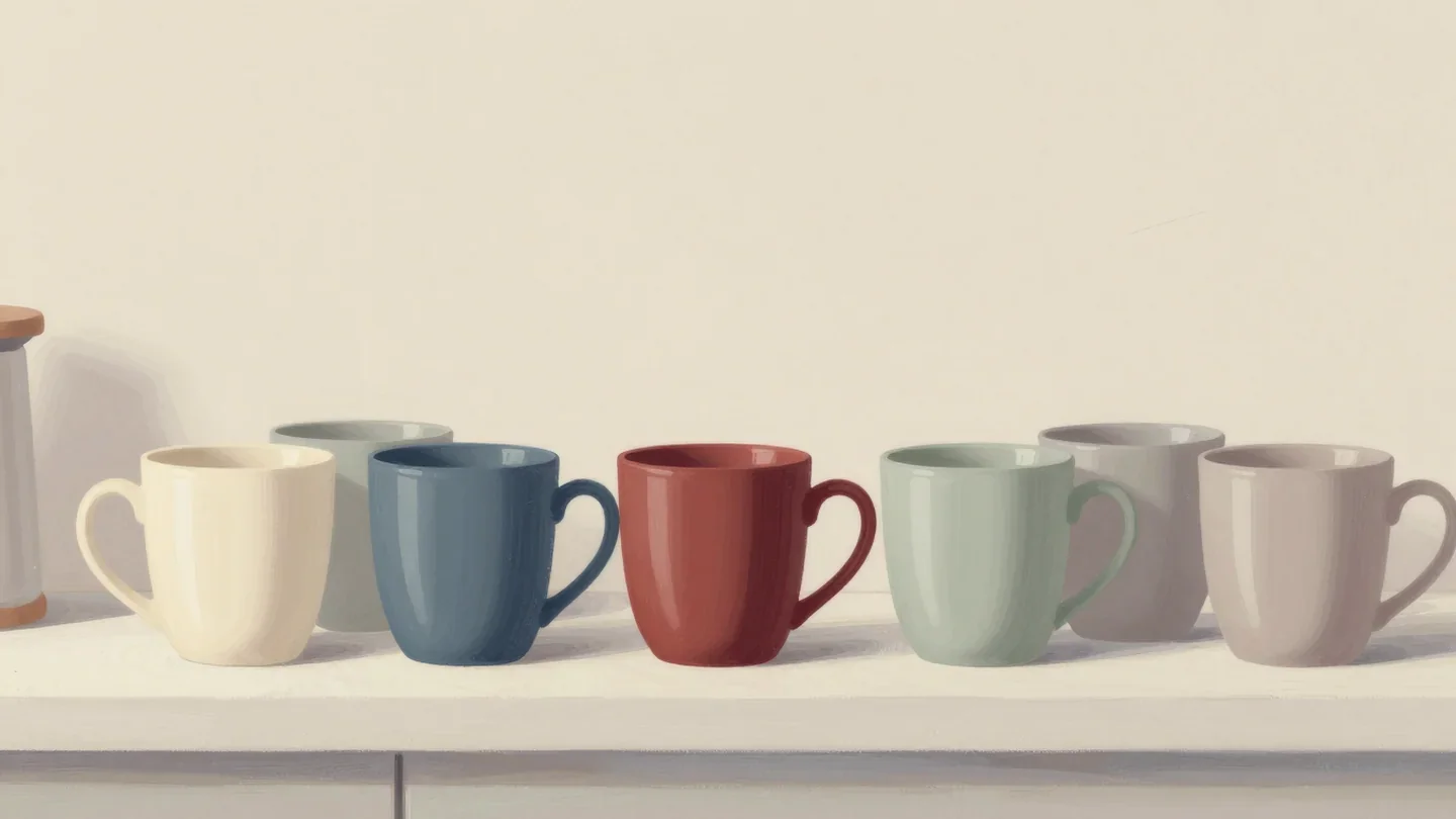 Gouache painting of six mugs in a row on a shelf in cream, slate blue, vermilion, sage and grey