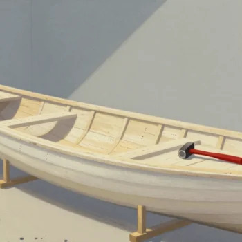 Gouache painting of a long wooden boat hull in a yard with a vermilion-handled hammer on a plank