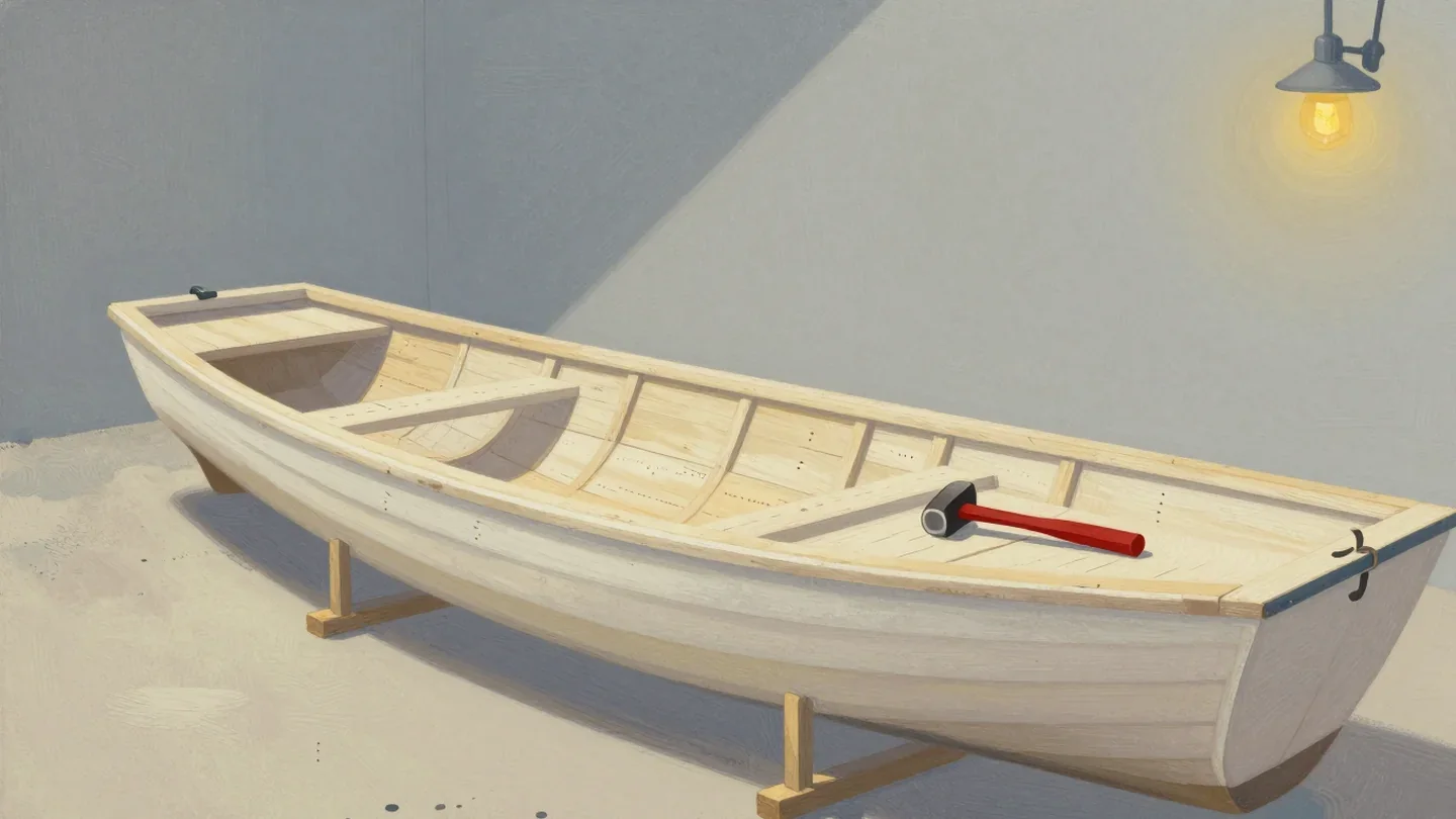 Gouache painting of a long wooden boat hull in a yard with a vermilion-handled hammer on a plank