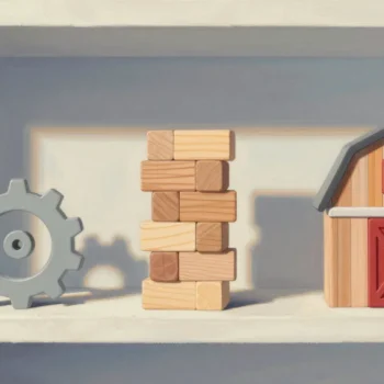 Gouache painting of a spinning cog, a block tower and a toy barn with a vermilion door on a shelf