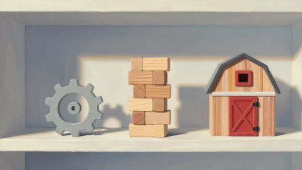 Gouache painting of a spinning cog, a block tower and a toy barn with a vermilion door on a shelf