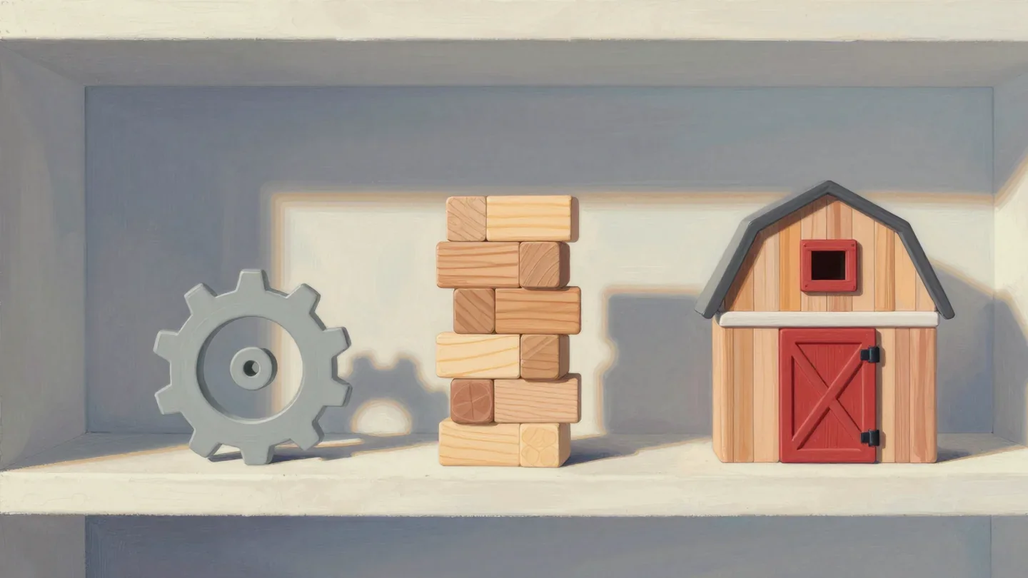Gouache painting of a spinning cog, a block tower and a toy barn with a vermilion door on a shelf