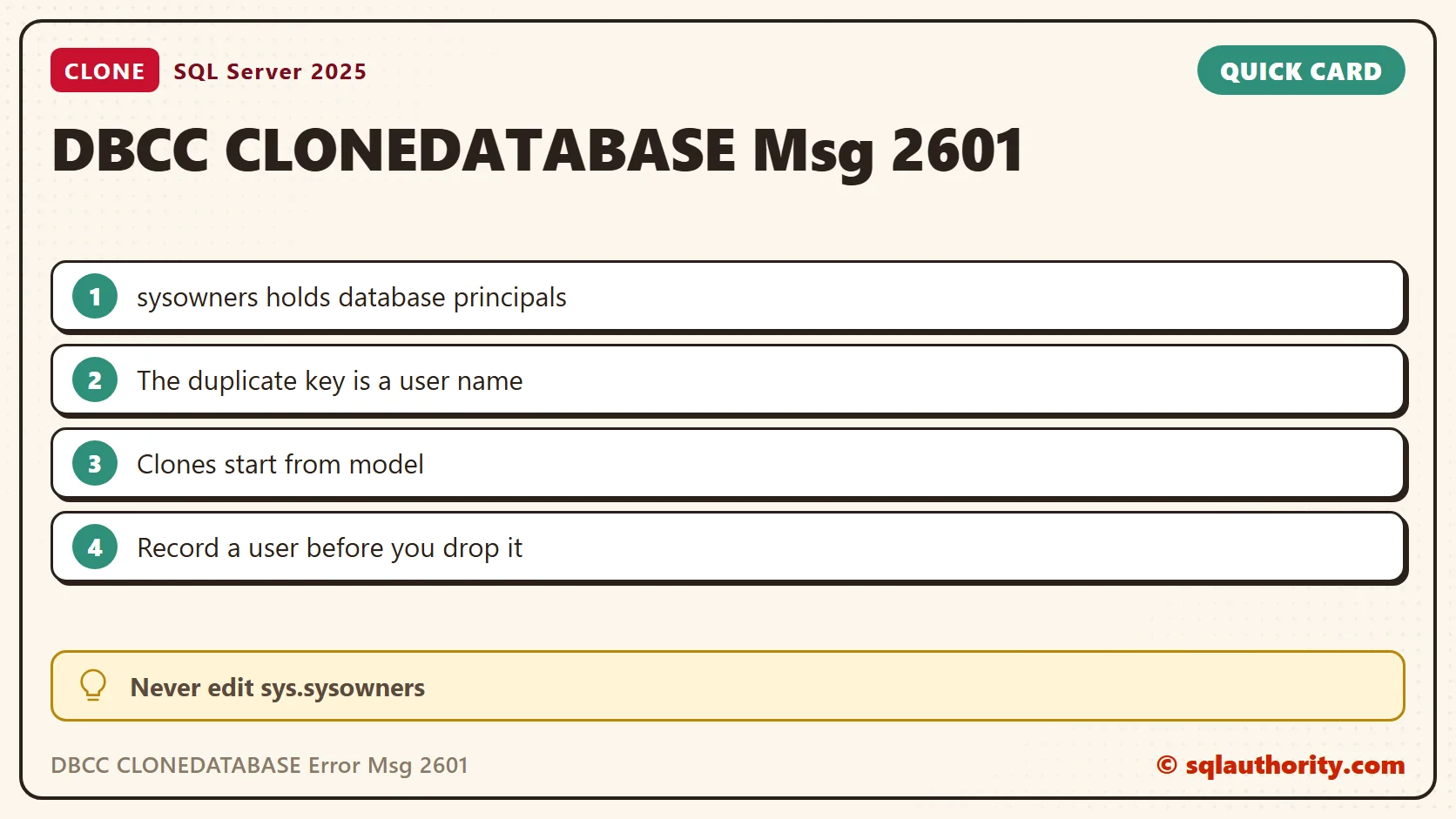 Quick reference card: DBCC CLONEDATABASE Error Msg 2601: Cannot Insert Duplicate Key Row in sys.sysowners