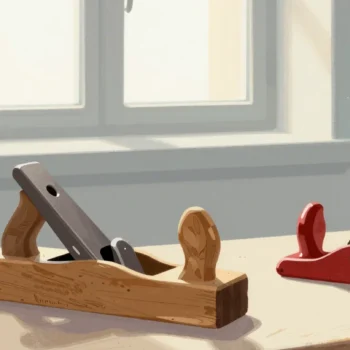 Gouache painting of an old dusty wooden plane pushed aside next to a gleaming vermilion plane