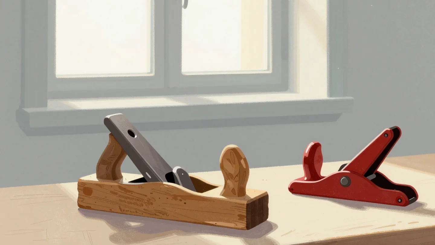 Gouache painting of an old dusty wooden plane pushed aside next to a gleaming vermilion plane