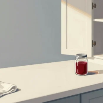 Gouache painting of a bare kitchen counter with one vermilion jar brought back from the pantry