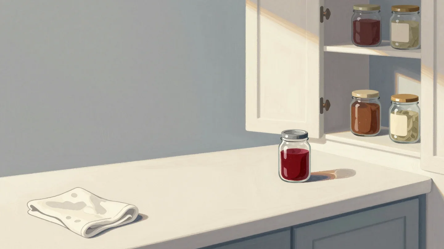 Gouache painting of a bare kitchen counter with one vermilion jar brought back from the pantry