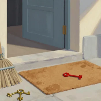 Gouache painting of a swept doormat with a pile of old brass keys aside and one vermilion key in the middle
