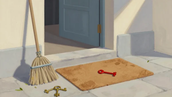 Gouache painting of a swept doormat with a pile of old brass keys aside and one vermilion key in the middle