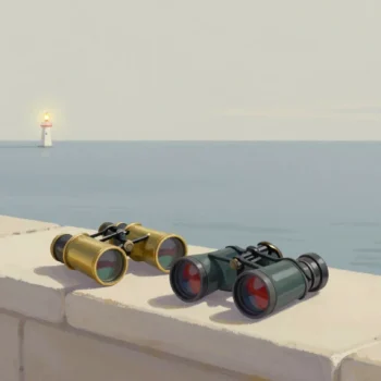 Gouache painting of an old brass spyglass beside new binoculars in vermilion on a stone ledge