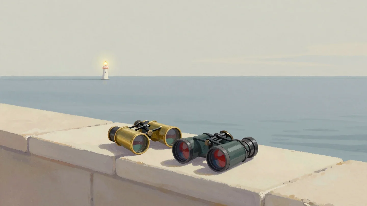 Gouache painting of an old brass spyglass beside new binoculars in vermilion on a stone ledge