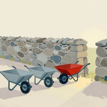Gouache painting of three wheelbarrows queuing at a narrow gap in a stone wall, the one in the gap vermilion