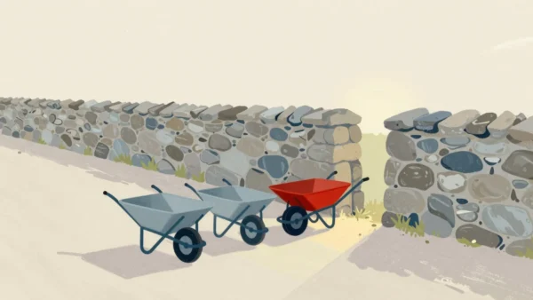 Gouache painting of three wheelbarrows queuing at a narrow gap in a stone wall, the one in the gap vermilion