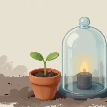 Gouache painting of a seedling in a clay pot beside a glass bell jar covering a lit candle