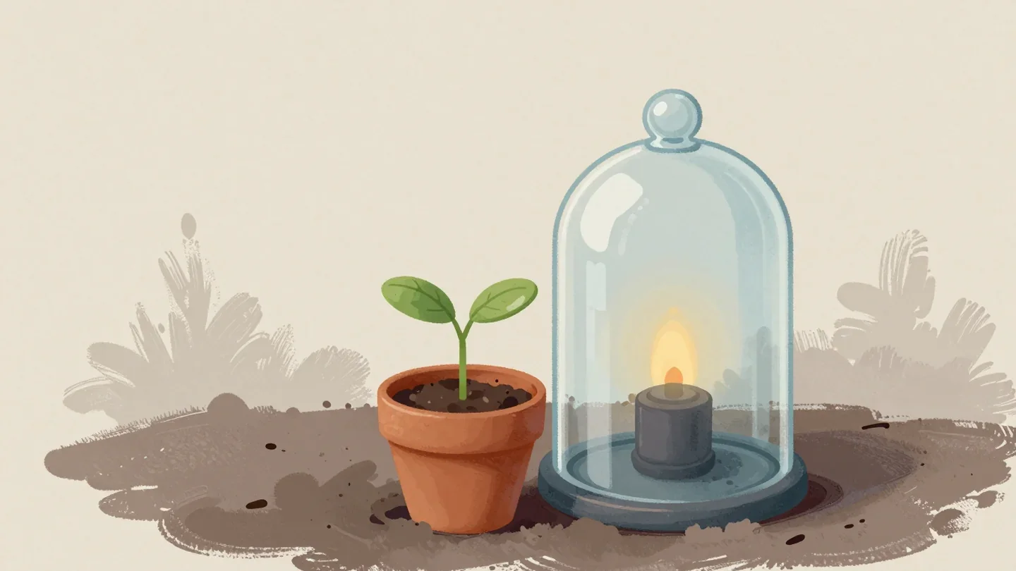 Gouache painting of a seedling in a clay pot beside a glass bell jar covering a lit candle