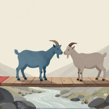 Gouache painting of two goats meeting on a narrow bridge with a small vermilion passing platform added to its side