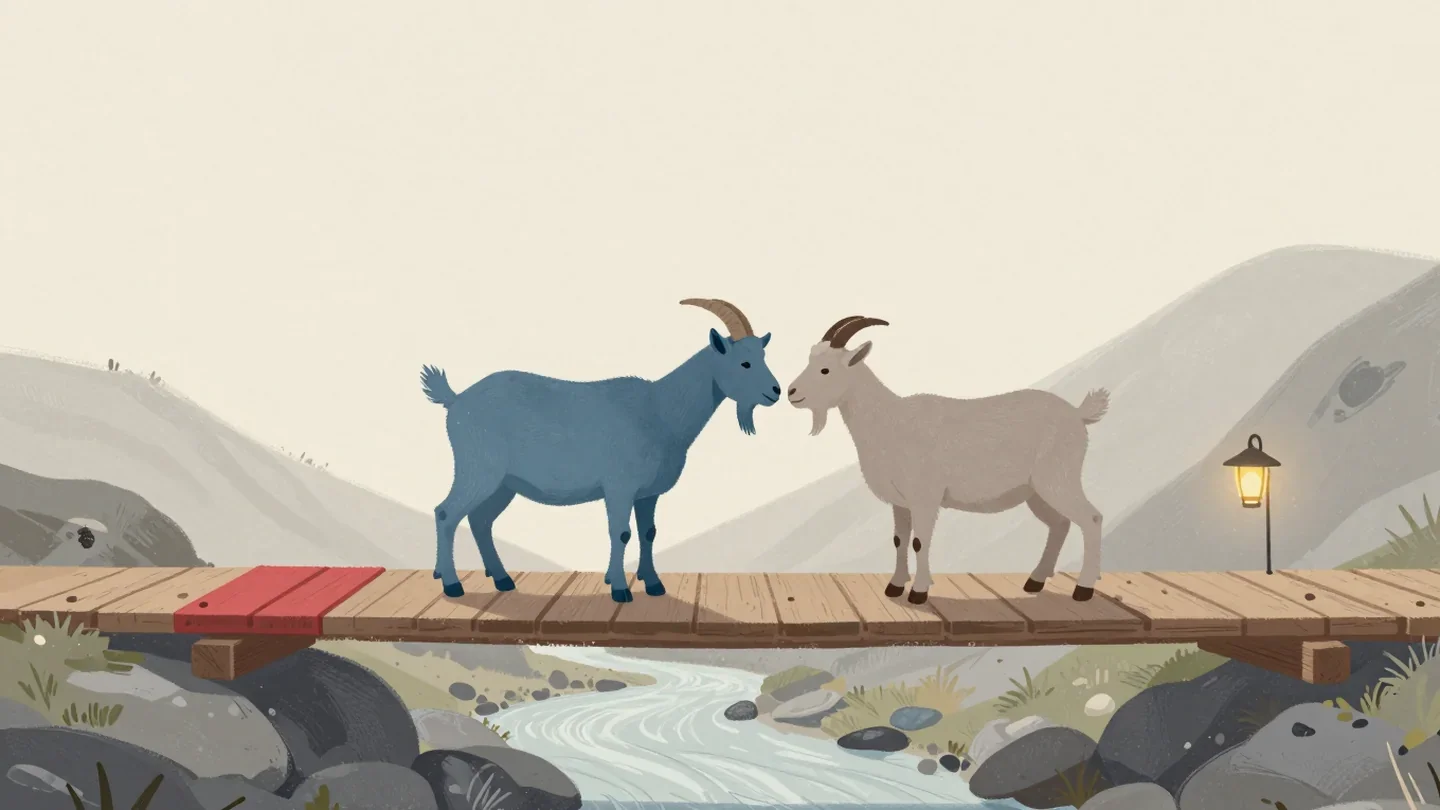 Gouache painting of two goats meeting on a narrow bridge with a small vermilion passing platform added to its side