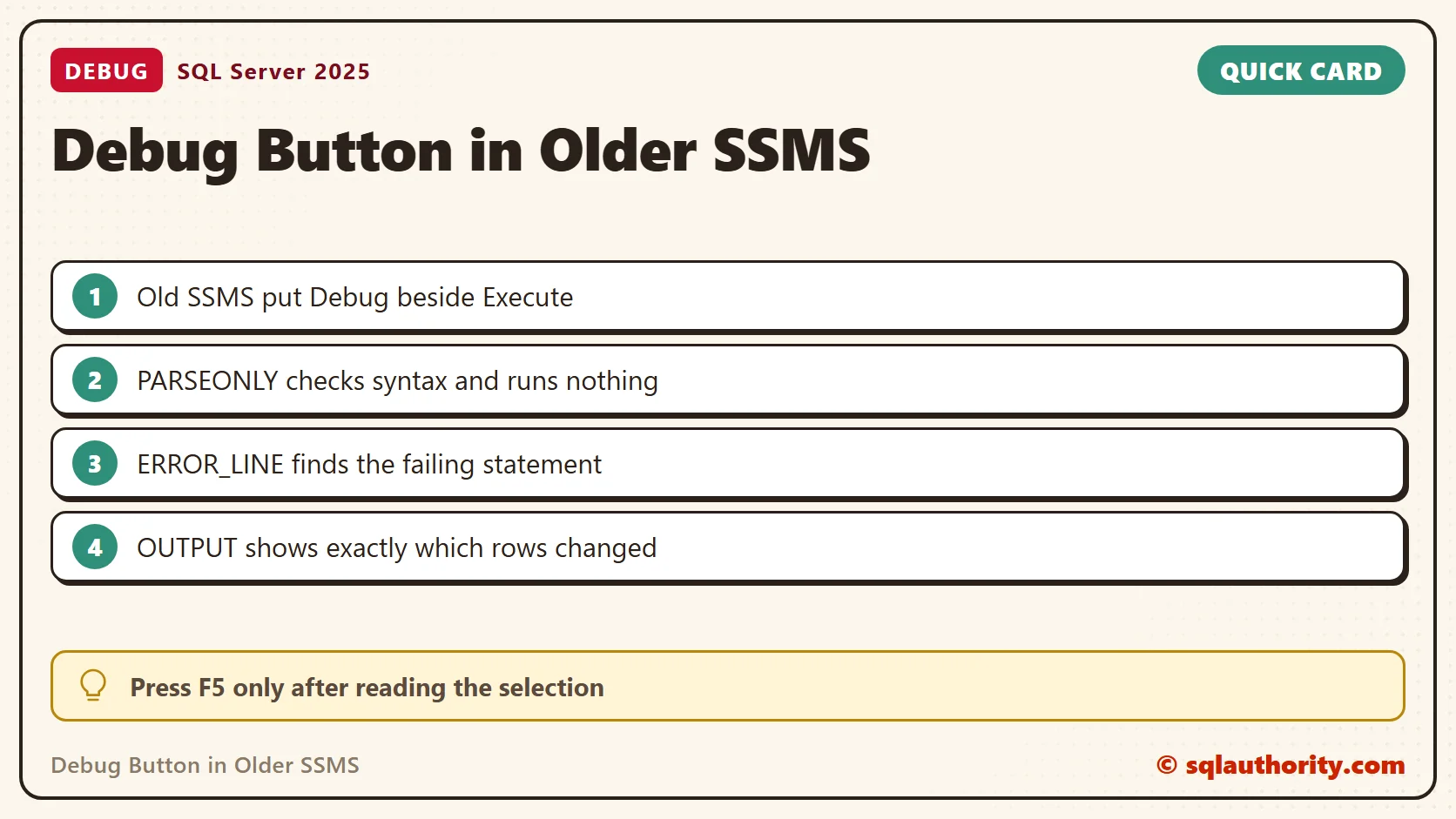 Quick reference card: Debug Button in Older SSMS: SQL in Sixty Seconds #020