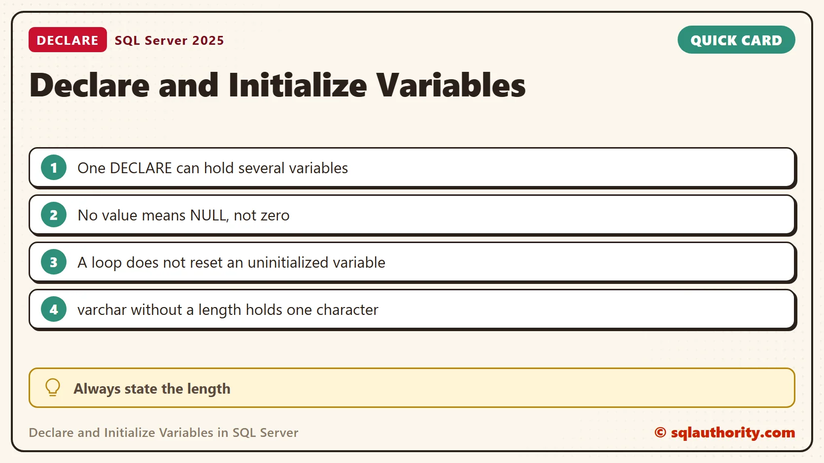 Quick reference card: Declare and Initialize Variables in SQL Server: SQL in Sixty Seconds #003