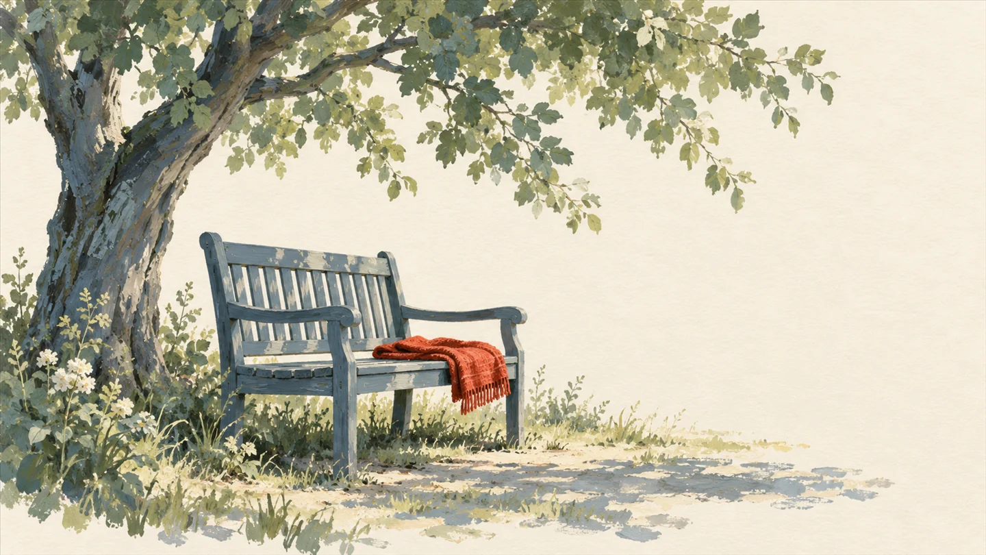 Gouache painting of an empty garden bench in warm grey under a sage-green tree, with a folded vermilion blanket on the seat and plenty of quiet paper around it